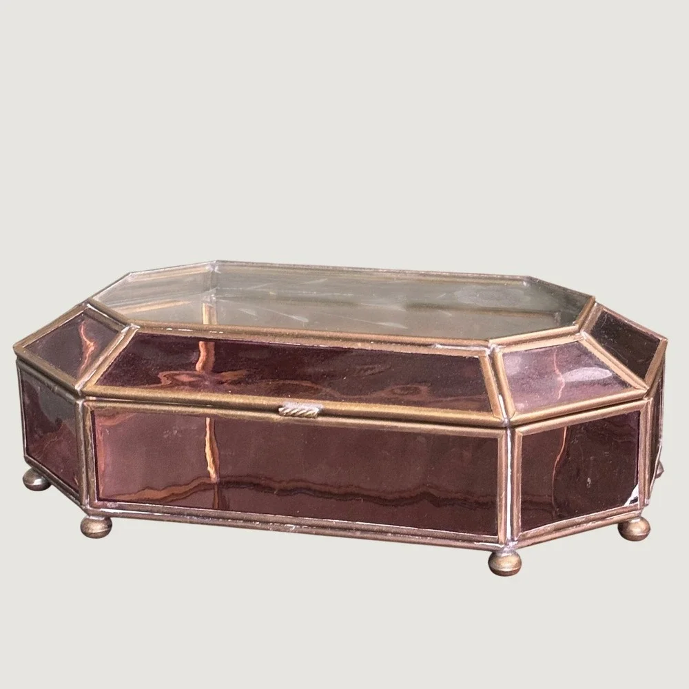 Vintage Purple Glass Jewelry Trinket Box Octagon Brass Etched Floral Lid